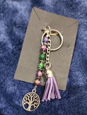 Purple Tassel Tree of Life Keychain with Multicolor Beads